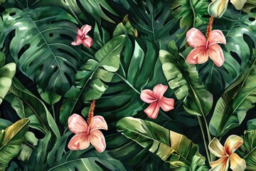 Poster - Vibrant painting of pink flowers and green leaves, perfect for botanical themes