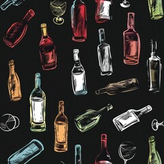 Poster - Various colored bottles arranged on a black surface. Ideal for product advertising or interior design concepts