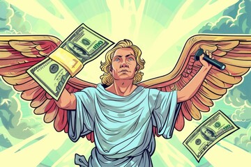 Poster - Cartoon image of an angel holding money, suitable for financial concepts