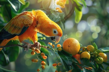 Poster - A vibrant yellow parrot sitting on a tree branch. Ideal for nature and wildlife concepts