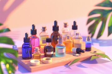 Poster - Bottles of various essential oils on a wooden tray, ideal for aromatherapy and spa concepts