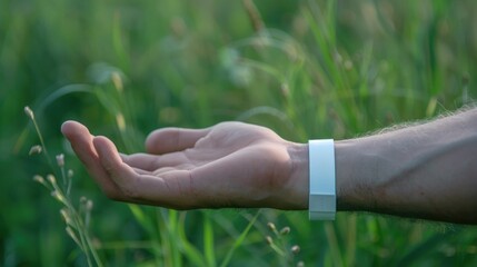 Aufkleber - Person holding out hand in field of grass, suitable for nature and connection concepts