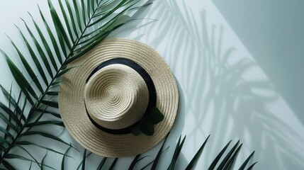 Canvas Print - Palm leaf with a straw hat, perfect for summer concepts