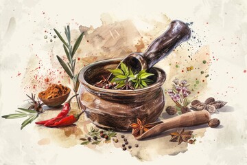 Poster - A painting of a mortar filled with various spices and herbs. Ideal for culinary and cooking-related projects