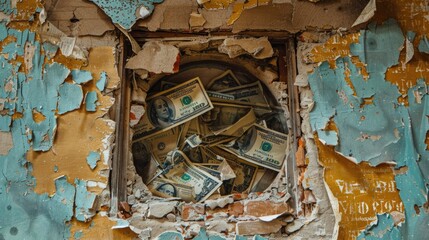 Aufkleber - A hole in a wall filled with money. Perfect for financial concepts
