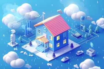 Poster - Blue house with red roof surrounded by clouds. Suitable for real estate or weather concepts