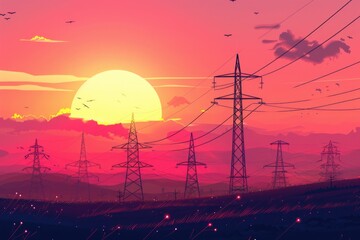 Poster - A serene sunset with power lines and birds flying in the sky. Perfect for adding a touch of nature to your designs