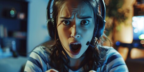 Poster - Woman wearing headphones playing video game
