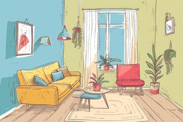 Poster - A cozy living room with a vibrant yellow couch, perfect for home decor blogs or interior design websites