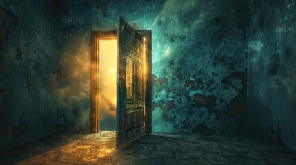 Poster - An open door leading to a room with peeling walls. Suitable for interior design concepts