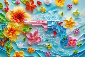 Aufkleber - Paper gun with floral and butterfly decorations. Suitable for creative and artistic projects