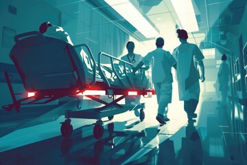 Canvas Print - Group of doctors walking in a hospital corridor. Perfect for medical and healthcare concepts