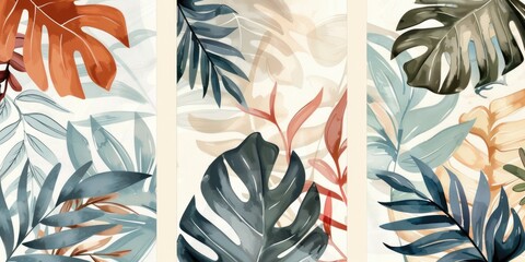 Poster - Set of four vibrant watercolor paintings featuring tropical plants. Ideal for home decor or botanical themed projects