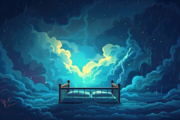 Poster - A serene night scene with a bed floating in the clouds. Ideal for dreamy and surreal concepts