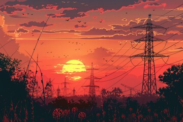 Wall Mural - A beautiful sunset with power lines in the foreground. Suitable for energy or nature concepts