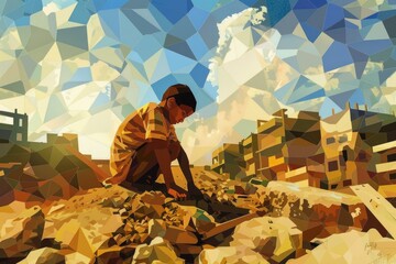 Aufkleber - A man kneeling on top of a pile of rubble. Perfect for illustrating themes of destruction and resilience