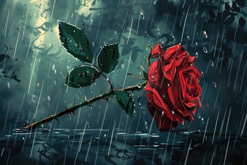 Poster - A beautiful red rose sitting in the rain. Suitable for various romantic concepts