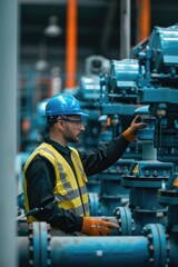 Poster - A man in a hard hat and safety vest working on a machine. Suitable for industrial and construction concepts
