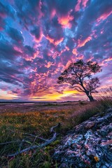 Canvas Print - A single tree standing tall among a field of colorful wildflowers. Suitable for nature and landscape themes