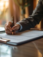 A person sitting at a desk, writing on a piece of paper with a pen. Generative AI