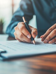 A person seated at a desk writing on a piece of paper using a pen. Generative AI