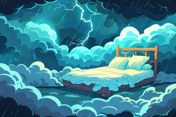 Poster - A bed floating in a dreamy sky. Perfect for surreal concepts