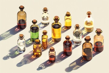 Poster - Various colored bottles on a table, perfect for product display