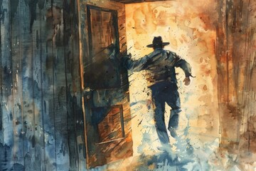 Poster - A man walking out of a door, suitable for various concepts