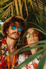 Aufkleber - A man and a woman wearing vibrant sunglasses. Suitable for fashion or summer concept