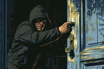 Wall Mural - A man in a hoodie opening a door. Suitable for security or mystery themes