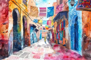 Poster - A beautiful watercolor painting of a narrow street. Perfect for interior design projects
