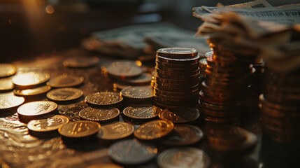 Canvas Print - A pile of coins on a table, suitable for financial concepts