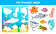  Find correct shadow of ocean animals. Worksheet with cartoon sea animals for kids, puzzle. Educational logical game for kids. Underwater landscape.