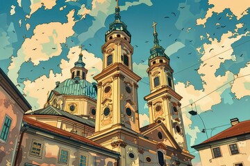 Poster - A detailed painting of a church with a clock tower. Suitable for religious or architectural themes