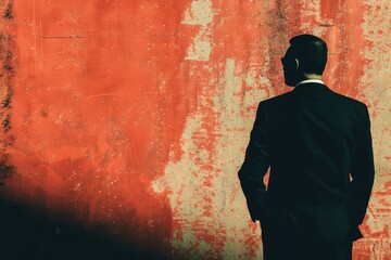 Poster - A man in a suit standing in front of a red wall. Perfect for business concepts