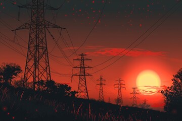 Poster - Beautiful sunset with power lines in the foreground. Perfect for illustrating energy concepts