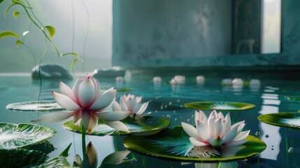 Poster - A serene image of water lilies on a pond. Suitable for nature backgrounds