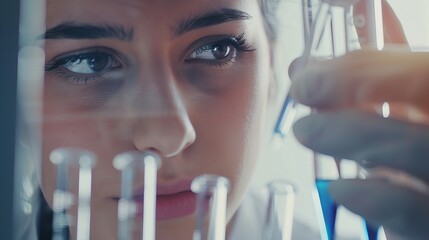 Wall Mural - A focused young life science professional pipetting a solution into a glass cuvette, with lens focus directed on the researcher's eye.