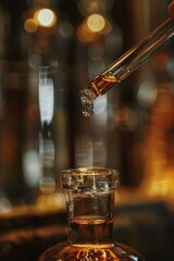 Poster - A glass bottle filled with liquid on a table. Suitable for various concepts
