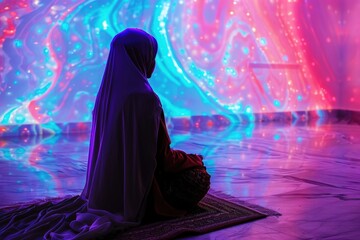 Poster - A person sitting on a rug in front of a wall with lights. Suitable for home decor advertisements