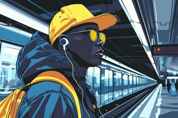 Sticker - A man wearing a yellow hat and sunglasses standing on a subway platform. Suitable for urban lifestyle themes