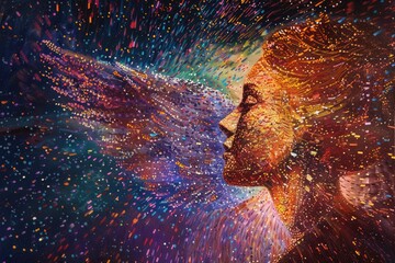 Poster - Abstract painting of a woman's face with vibrant paint splatters. Suitable for artistic projects