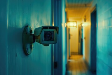 Poster - A camera mounted to the side of a wall. Suitable for surveillance concepts