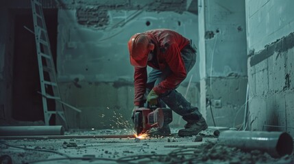 Poster - A man in a red jacket working on a piece of metal. Suitable for industrial or construction themes
