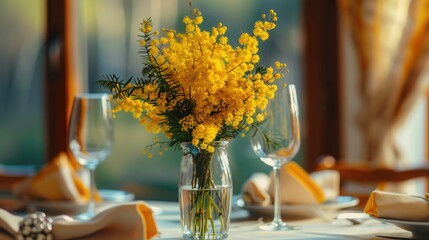 Poster - A vase filled with yellow flowers on a table. Perfect for home decor or interior design projects