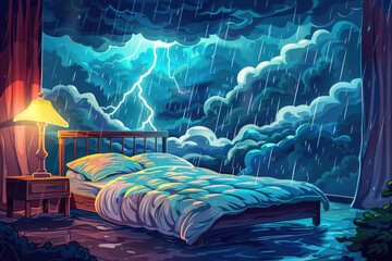 Aufkleber - Cozy bedroom with a comfortable bed under a beautiful night sky. Perfect for interior design concepts