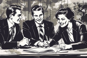 Poster - A group of two men and a woman sitting together at a table. Suitable for business or social concepts