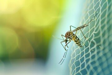 Wall Mural - Close-up of a mosquito sitting on a net, suitable for pest control concepts