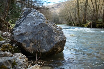 Wall Mural - A large rock sitting in the middle of a river. Suitable for nature and landscape themes