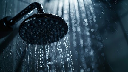 Wall Mural - Close-up image of a metal shower head in a bathroom, with water flowing out, set against a dark background.